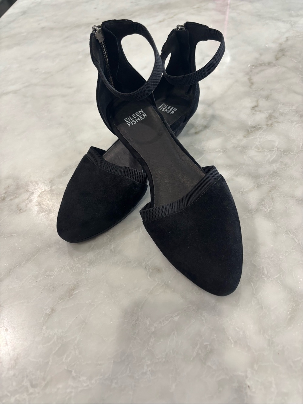 Eileen Fisher Hallie Black Ankle-Strap Pointed Low Block Heels 7